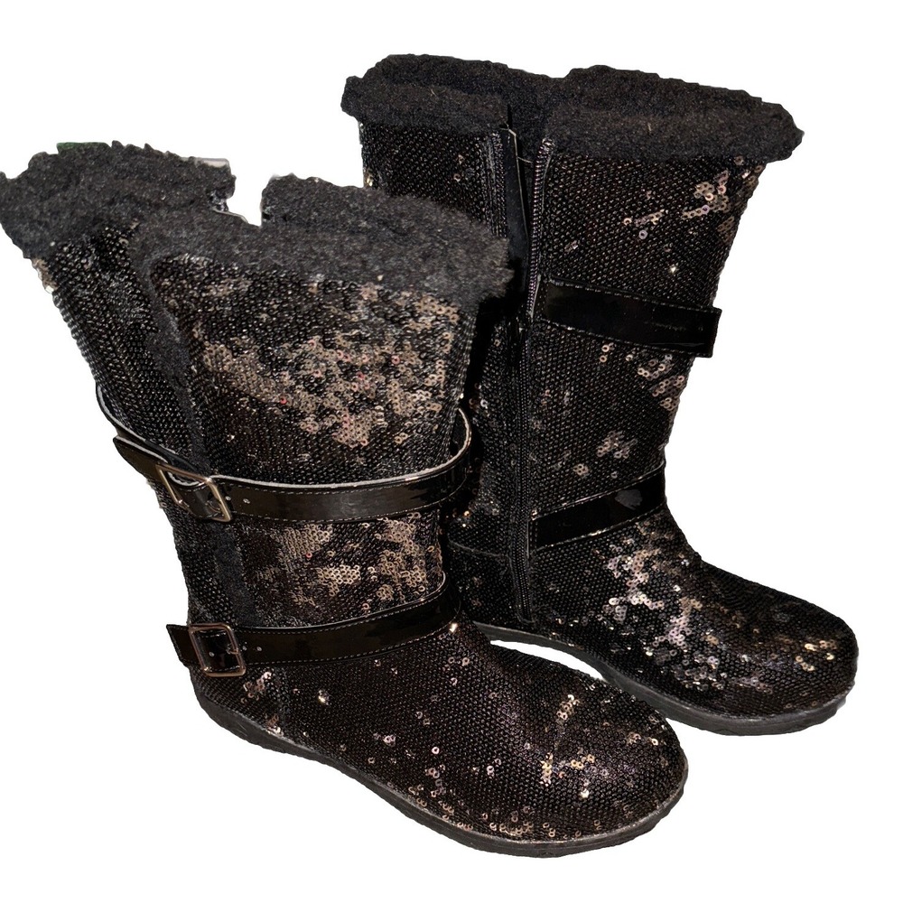 Hot Cakes Sequins MidCalf Boots Sherpa Lined Black Silver Buckles Girls Sz 5